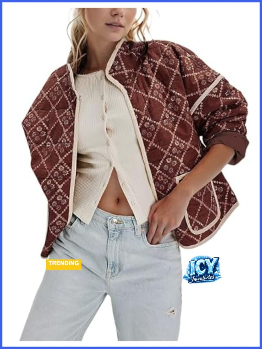 Women Cropped Quilted Jacket Floral Lightweight Puffer